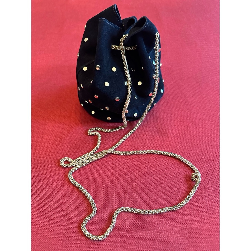 Elegant Black Suede Studded Chain Mini Bucket Bag, NWOT